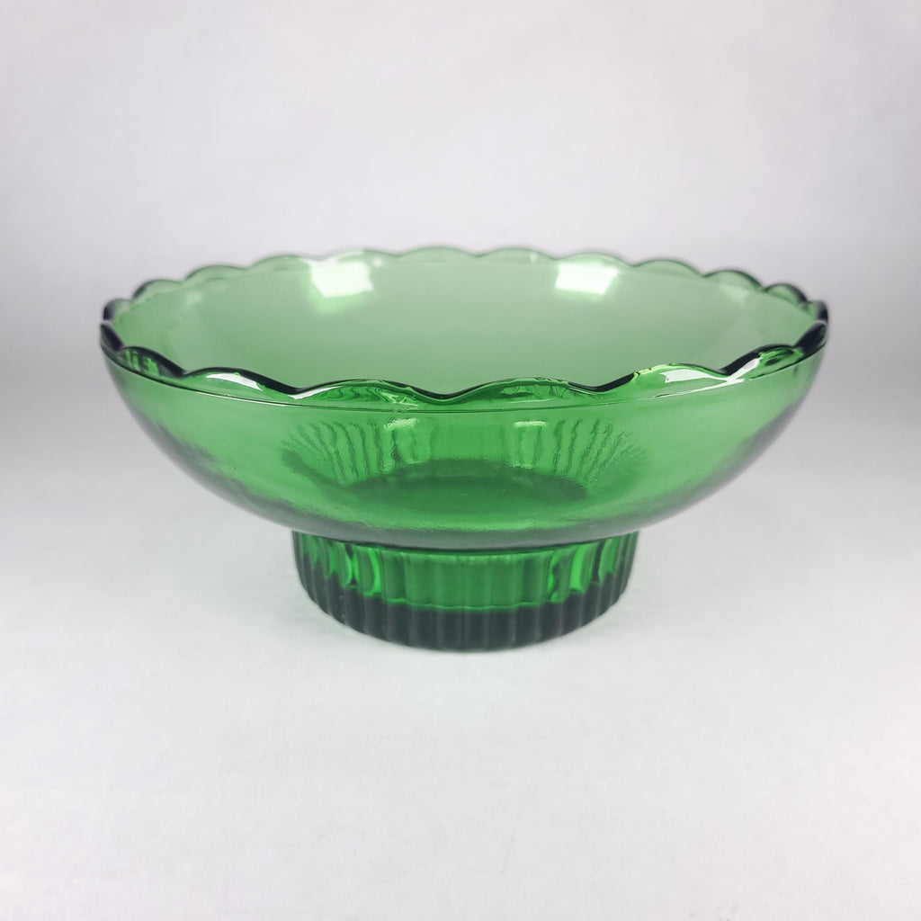 Vintage Emerald Green Pedestal Bowl, E.O. Brody Glass Scalloped Planter, Mid-Century Flower Pot