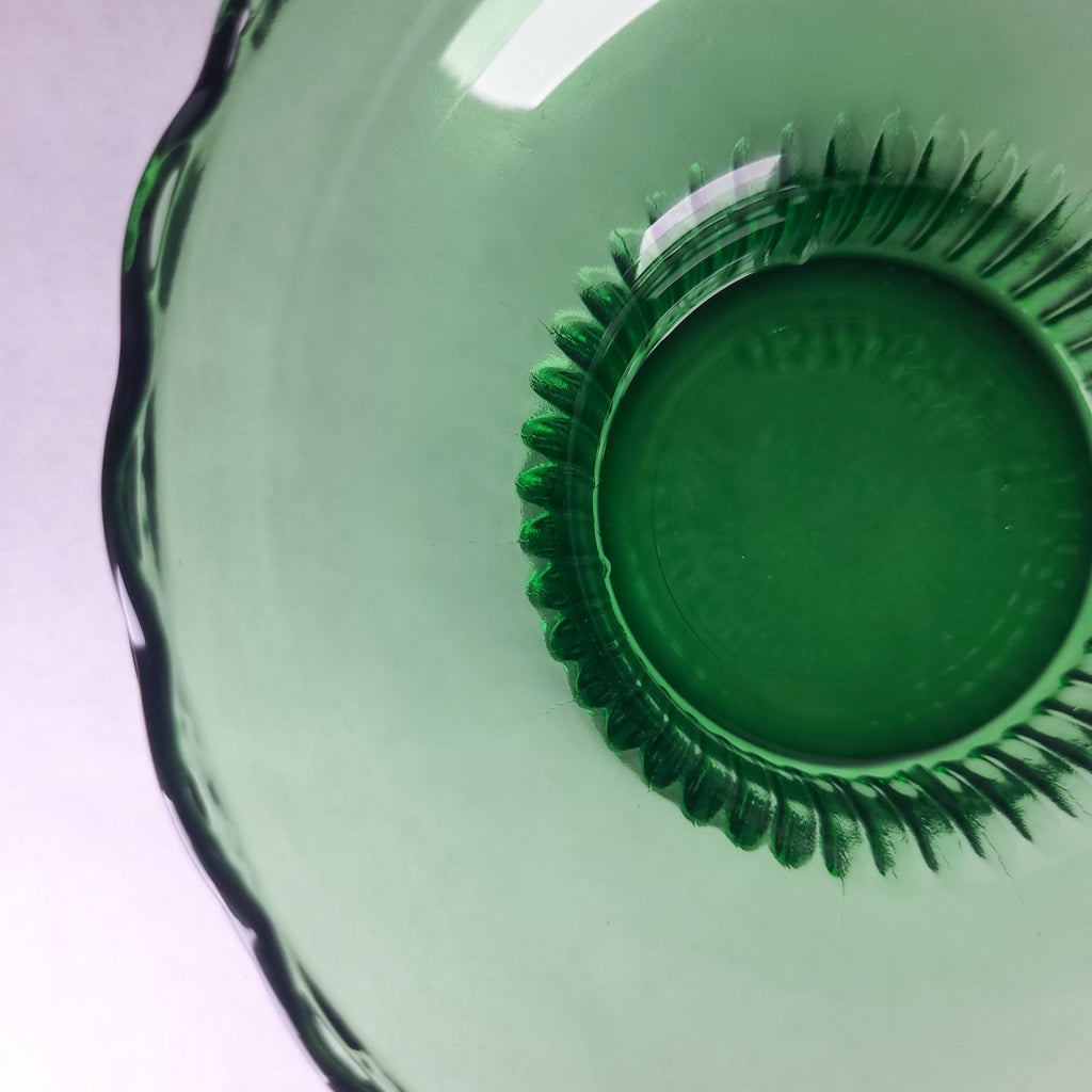 Vintage Emerald Green Pedestal Bowl, E.O. Brody Glass Scalloped Planter, Mid-Century Flower Pot