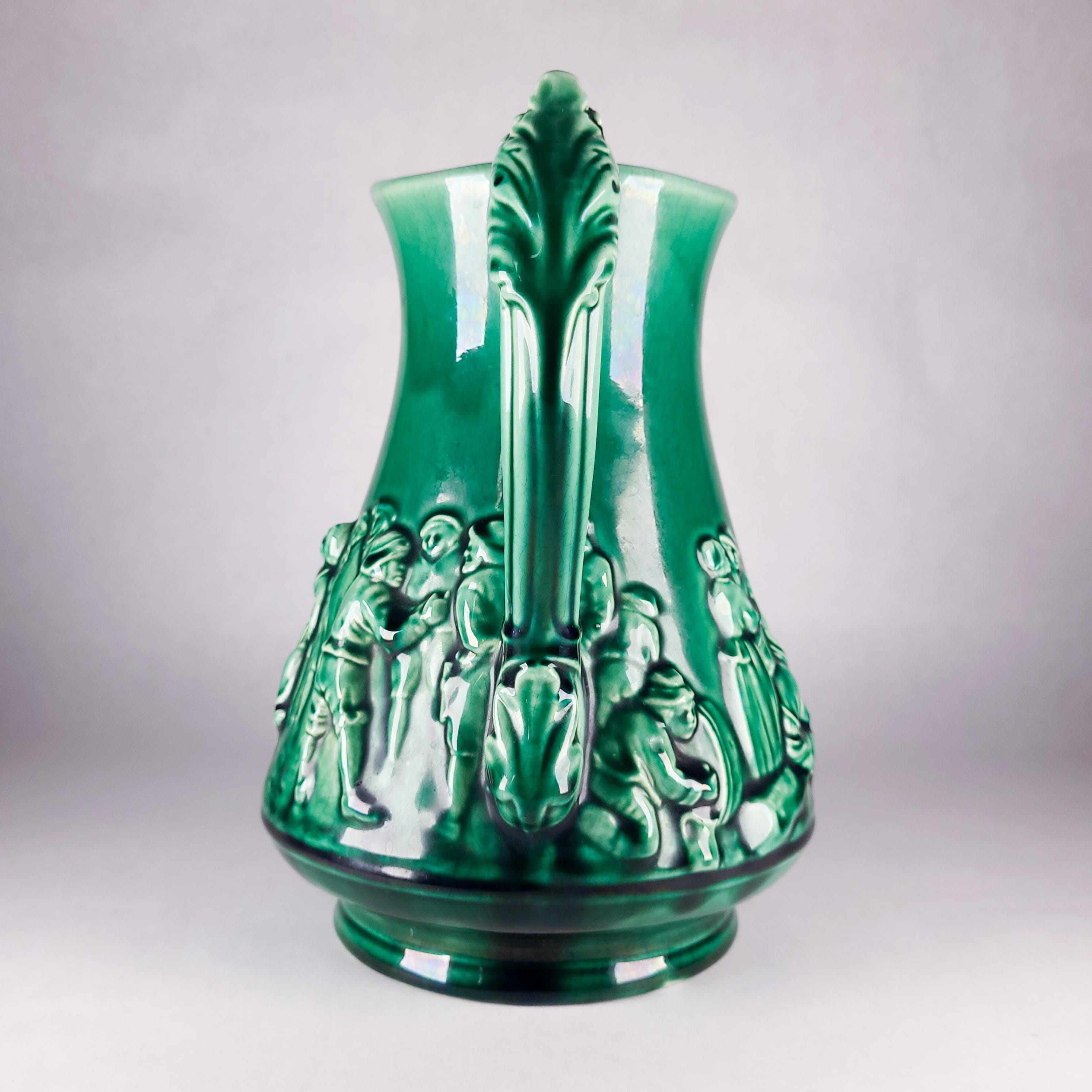 Antique Sarreguemines Majolica Tavern Scene Ewer, Green Pottery Jug ca. 1900