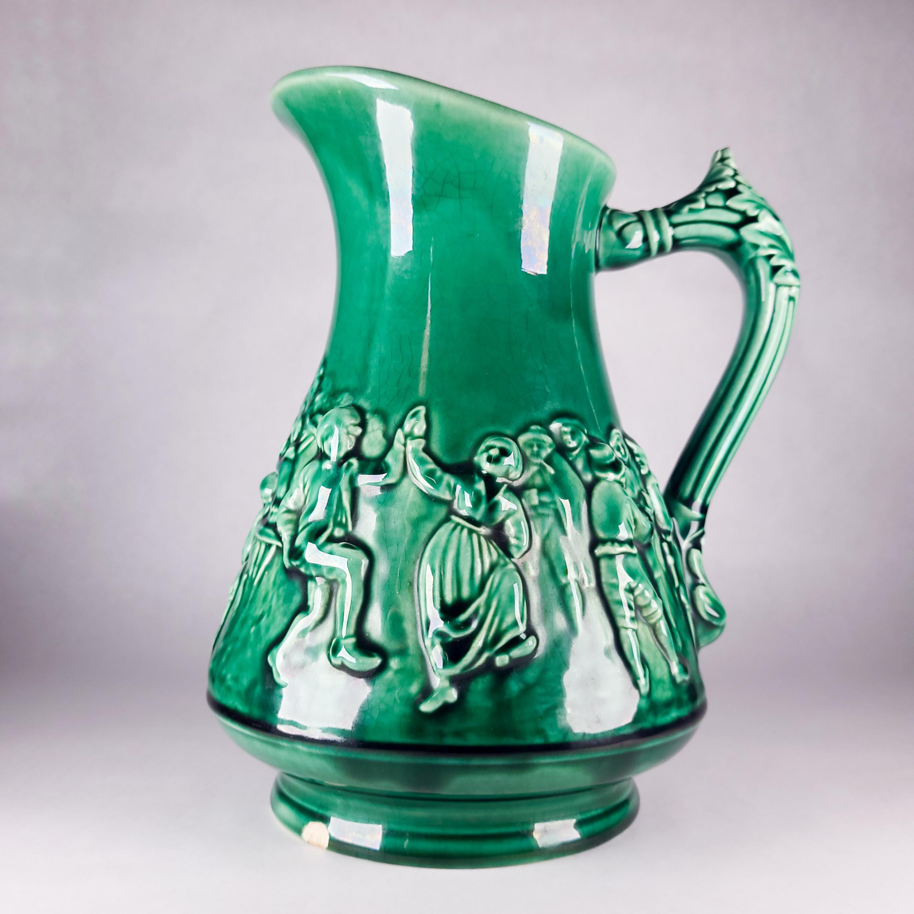 Antique Sarreguemines Majolica Tavern Scene Ewer, Green Pottery Jug ca. 1900