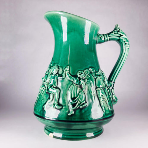 Antique Sarreguemines Majolica Tavern Scene Ewer, Green Pottery Jug ca. 1900