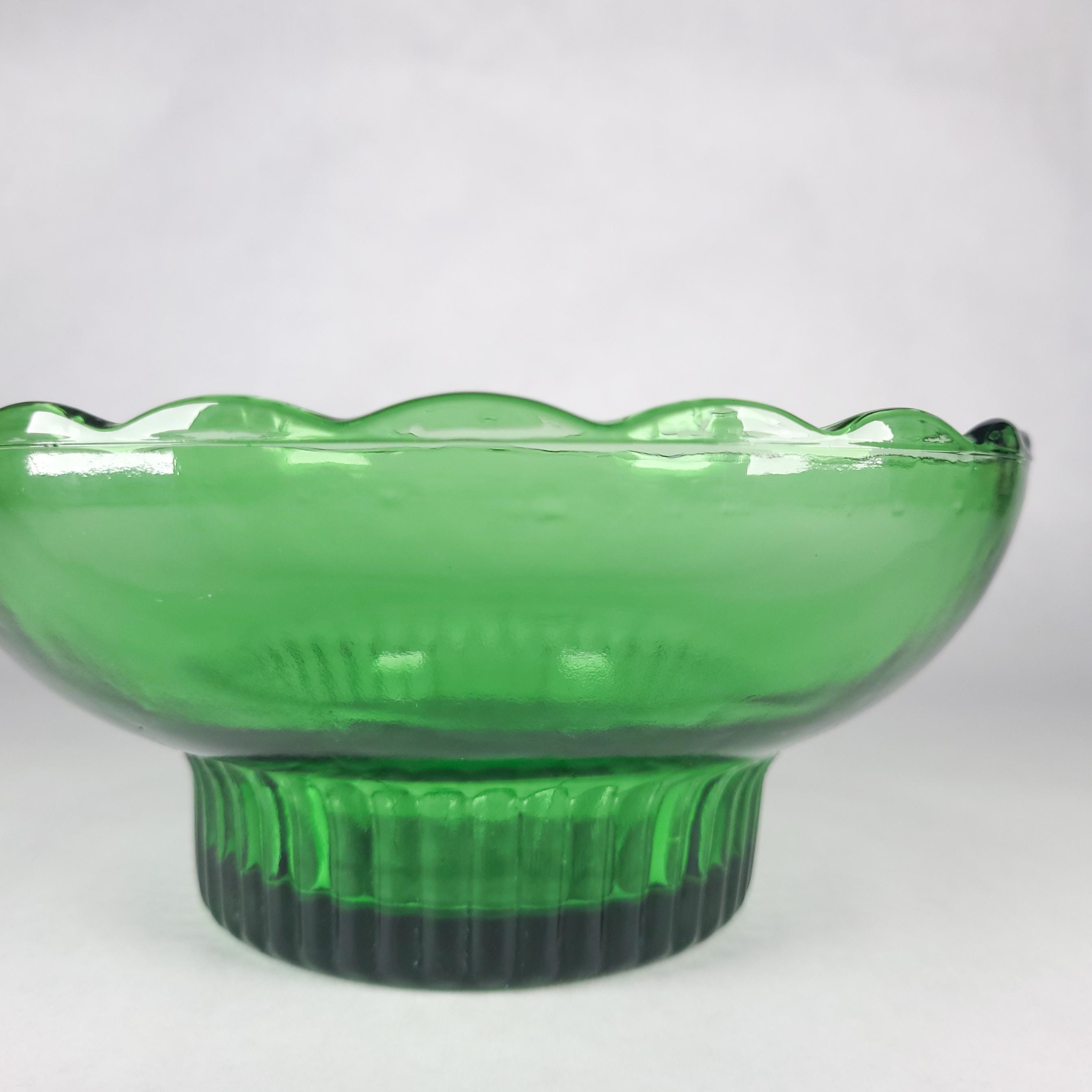 Vintage Emerald Green Pedestal Bowl, E.O. Brody Glass Scalloped Planter, Mid-Century Flower Pot