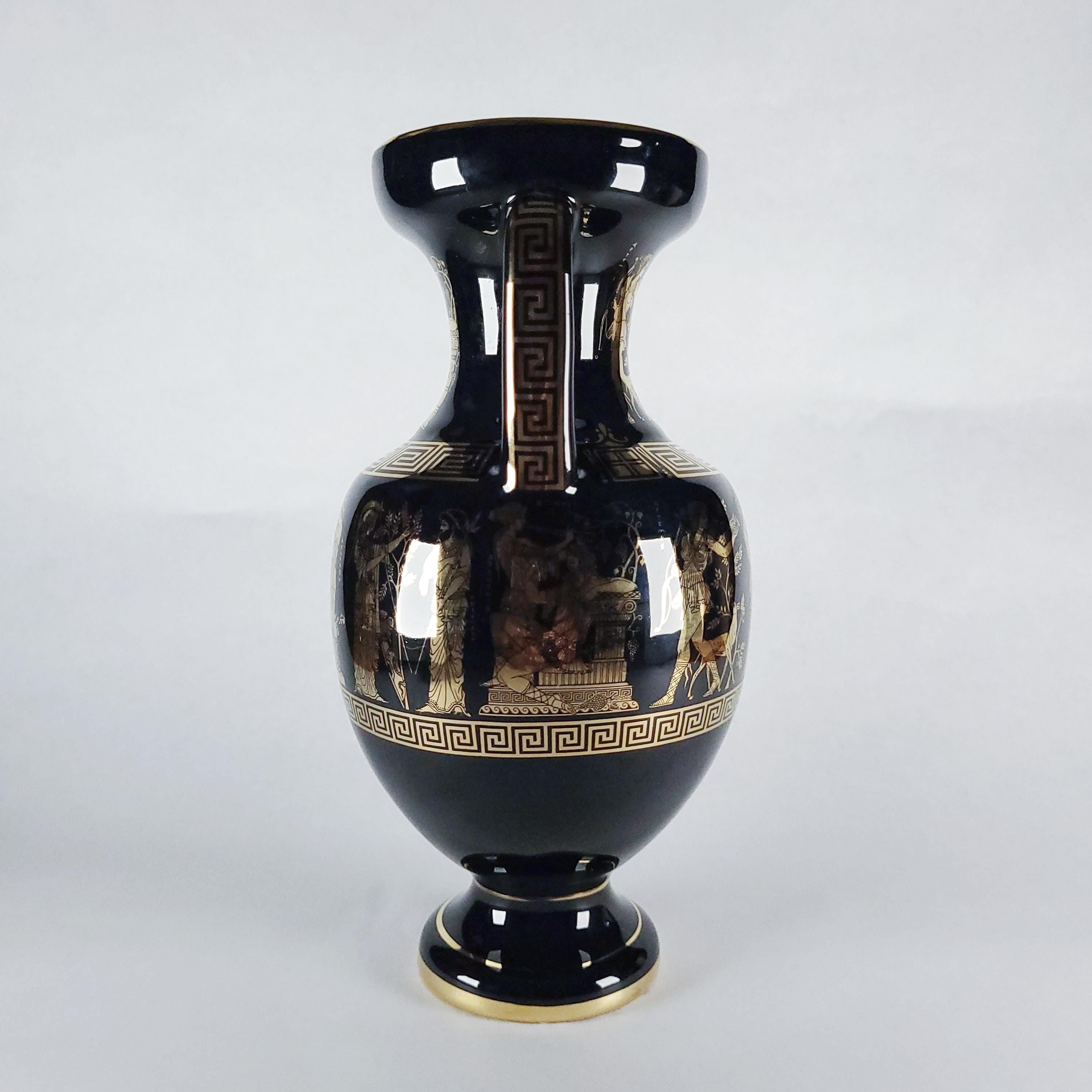 24K Gold Vintage Greek Mythology Amphora Vase, Gilt Black Pottery, Decorative Hellenic Jug