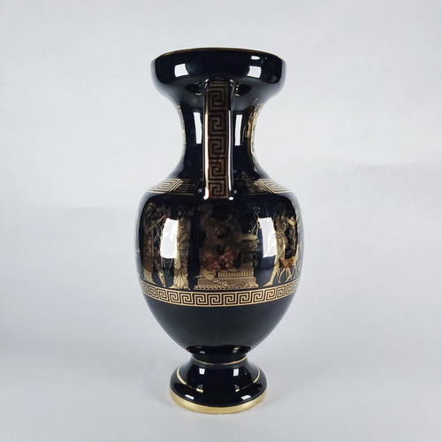 24K Gold Vintage Greek Mythology Amphora Vase, Gilt Black Pottery, Decorative Hellenic Jug