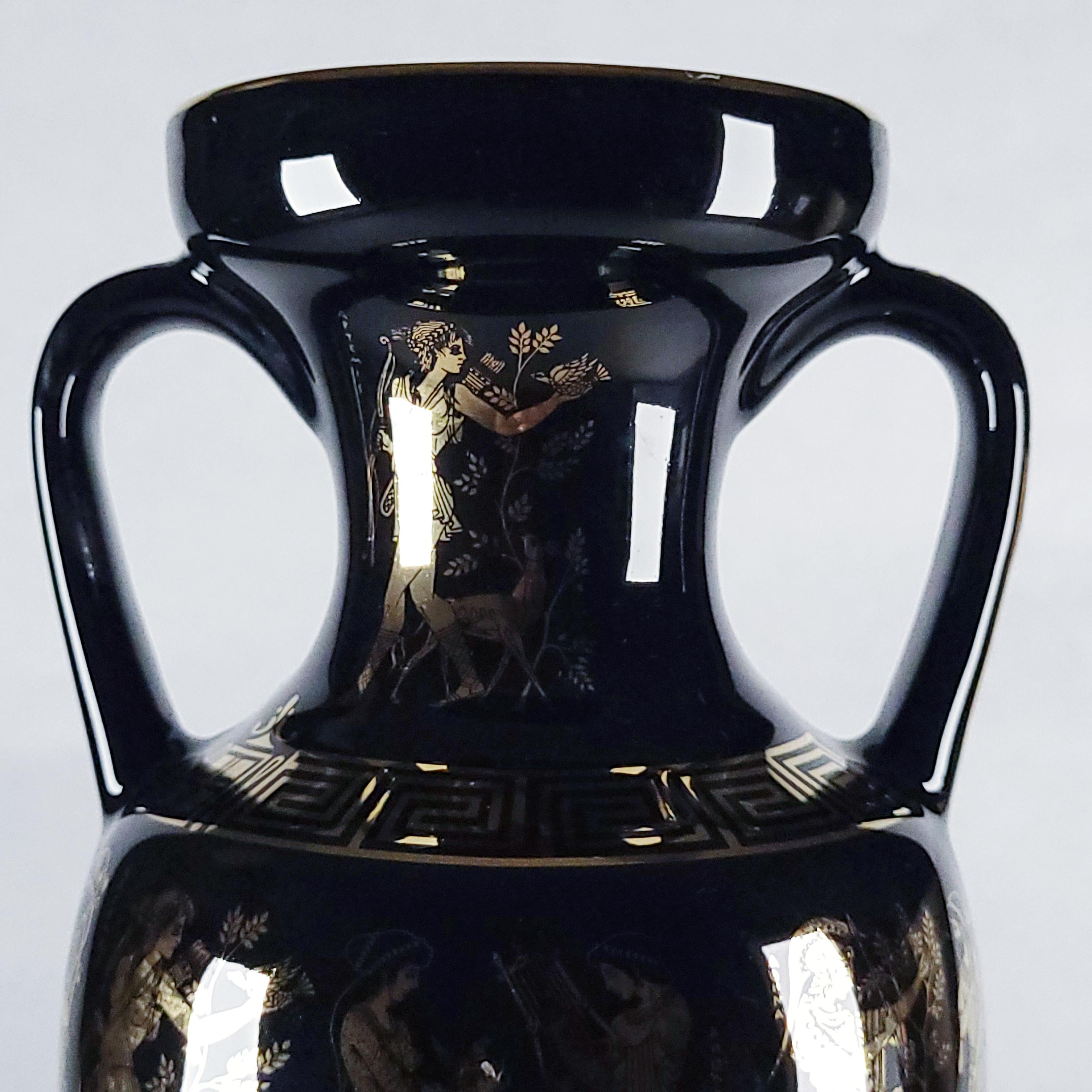 24K Gold Vintage Greek Mythology Amphora Vase, Gilt Black Pottery, Decorative Hellenic Jug