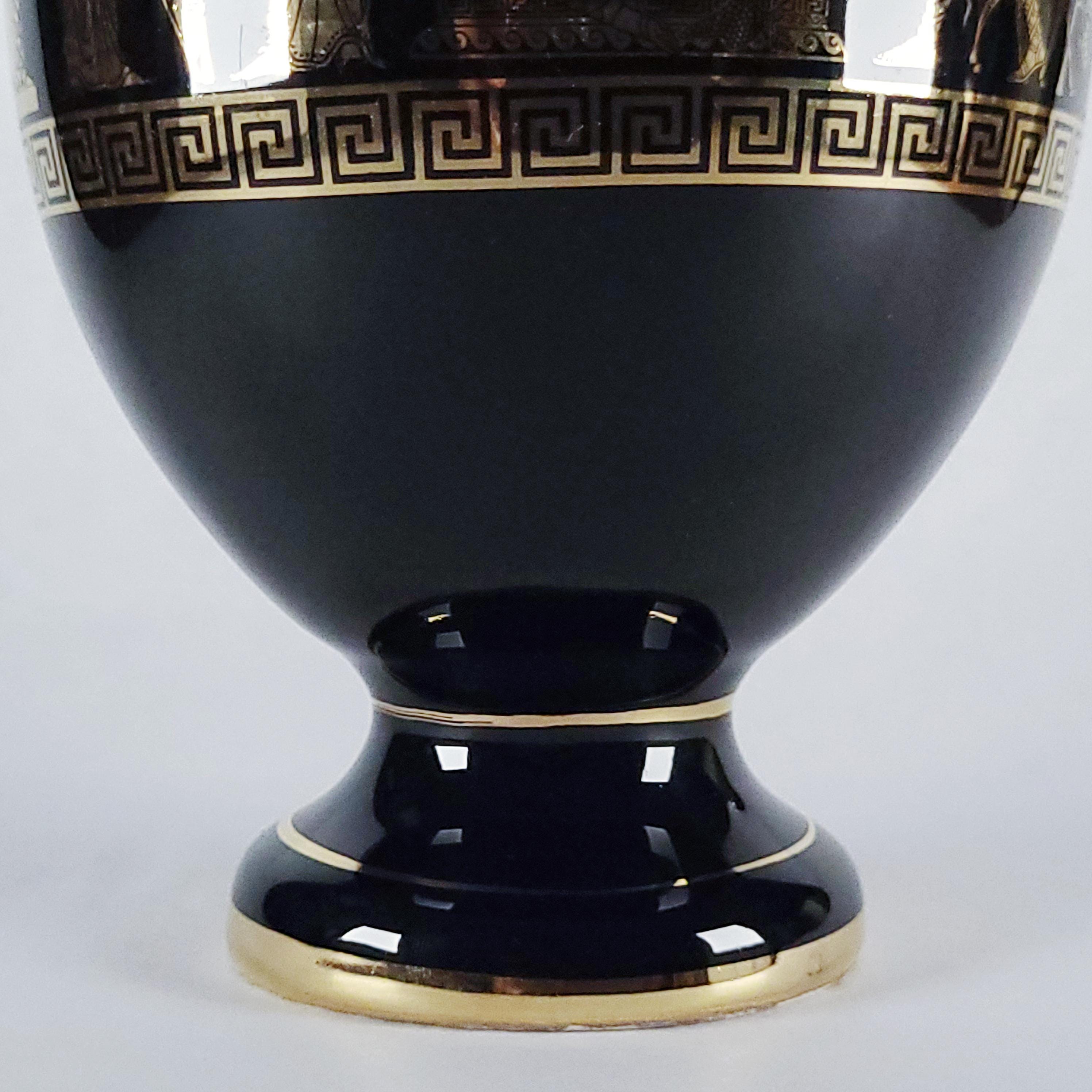24K Gold Vintage Greek Mythology Amphora Vase, Gilt Black Pottery, Decorative Hellenic Jug