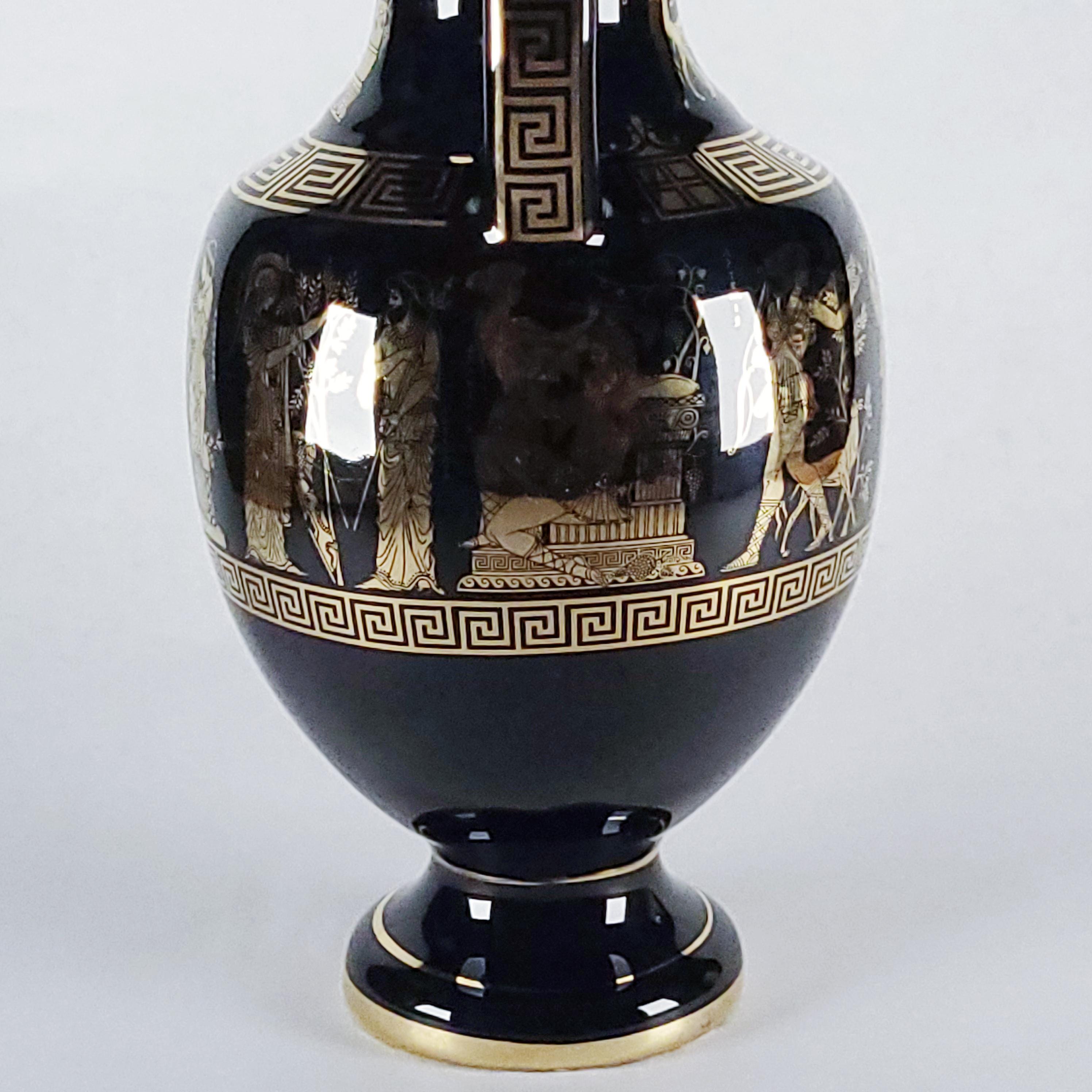 24K Gold Vintage Greek Mythology Amphora Vase, Gilt Black Pottery, Decorative Hellenic Jug