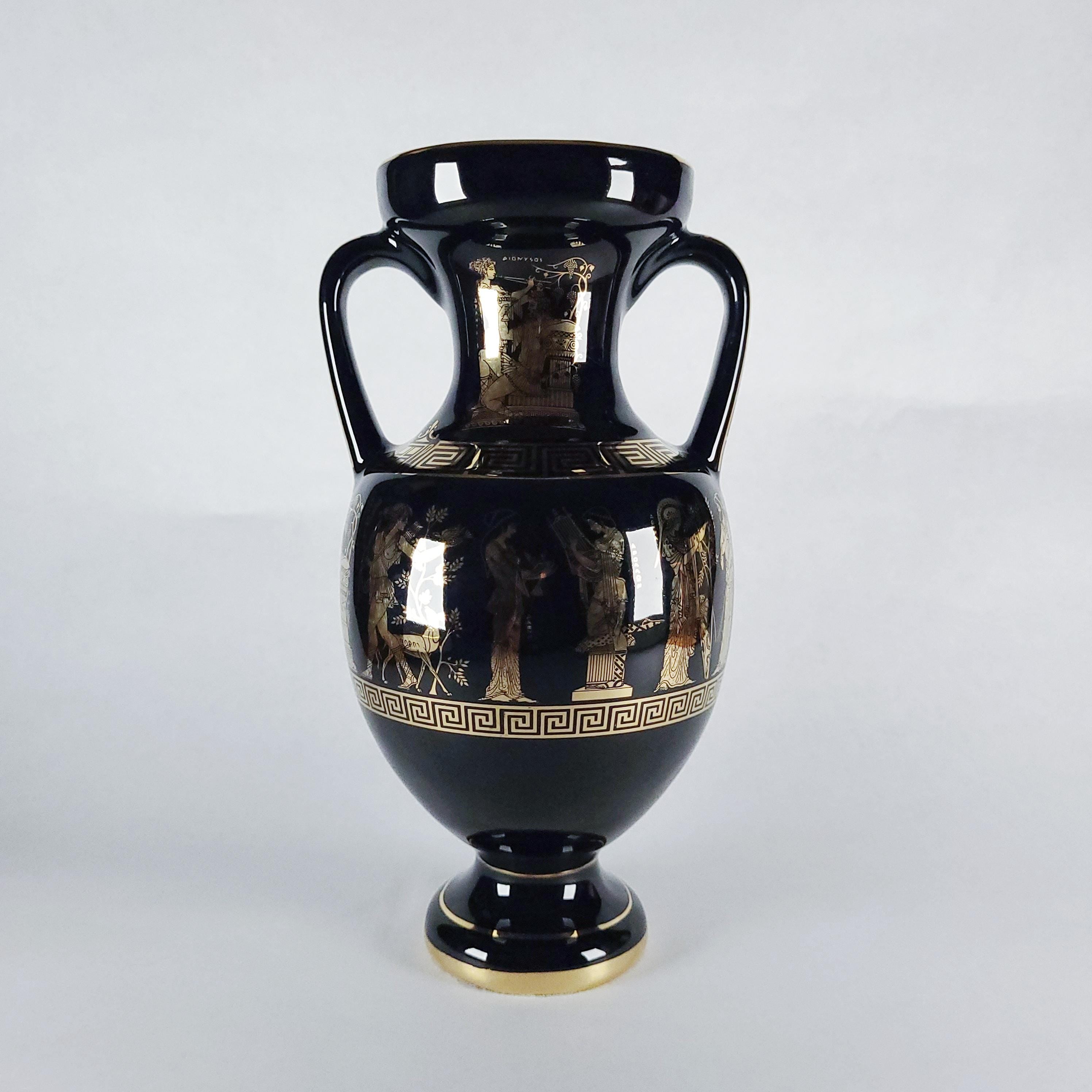 24K Gold Vintage Greek Mythology Amphora Vase, Gilt Black Pottery, Decorative Hellenic Jug