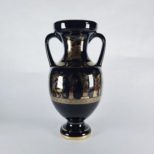 24K Gold Vintage Greek Mythology Amphora Vase, Gilt Black Pottery, Decorative Hellenic Jug