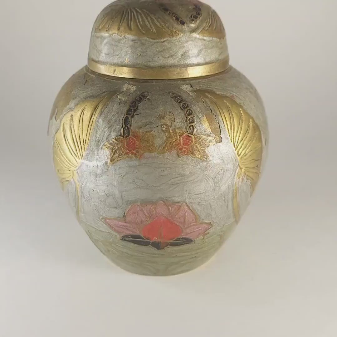 Vintage Indian Brass Urn, Lidded Flower Vase