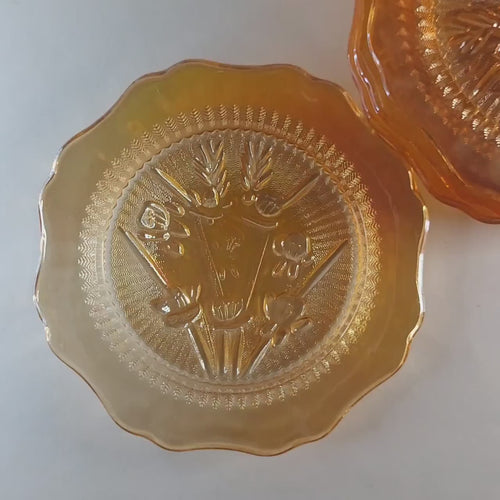 6 Jeannette Glass Saucers, Vintage Iris & Herringbone Amber Glass Plate Set