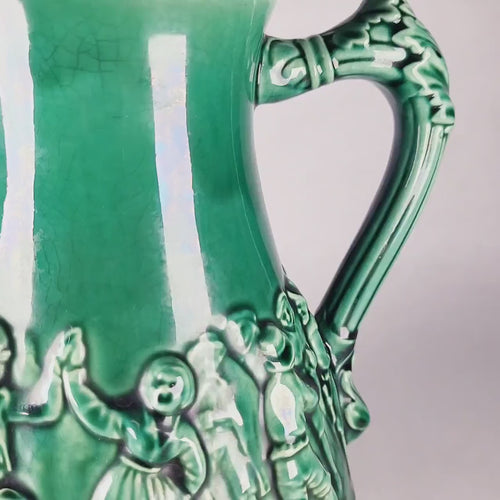Antique Sarreguemines Majolica Tavern Scene Ewer, Green Pottery Jug ca. 1900