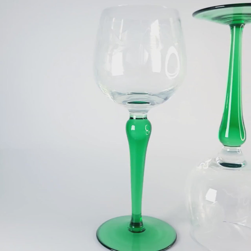 2 Roemer Wine Glasses, Vintage Green Stem Barware