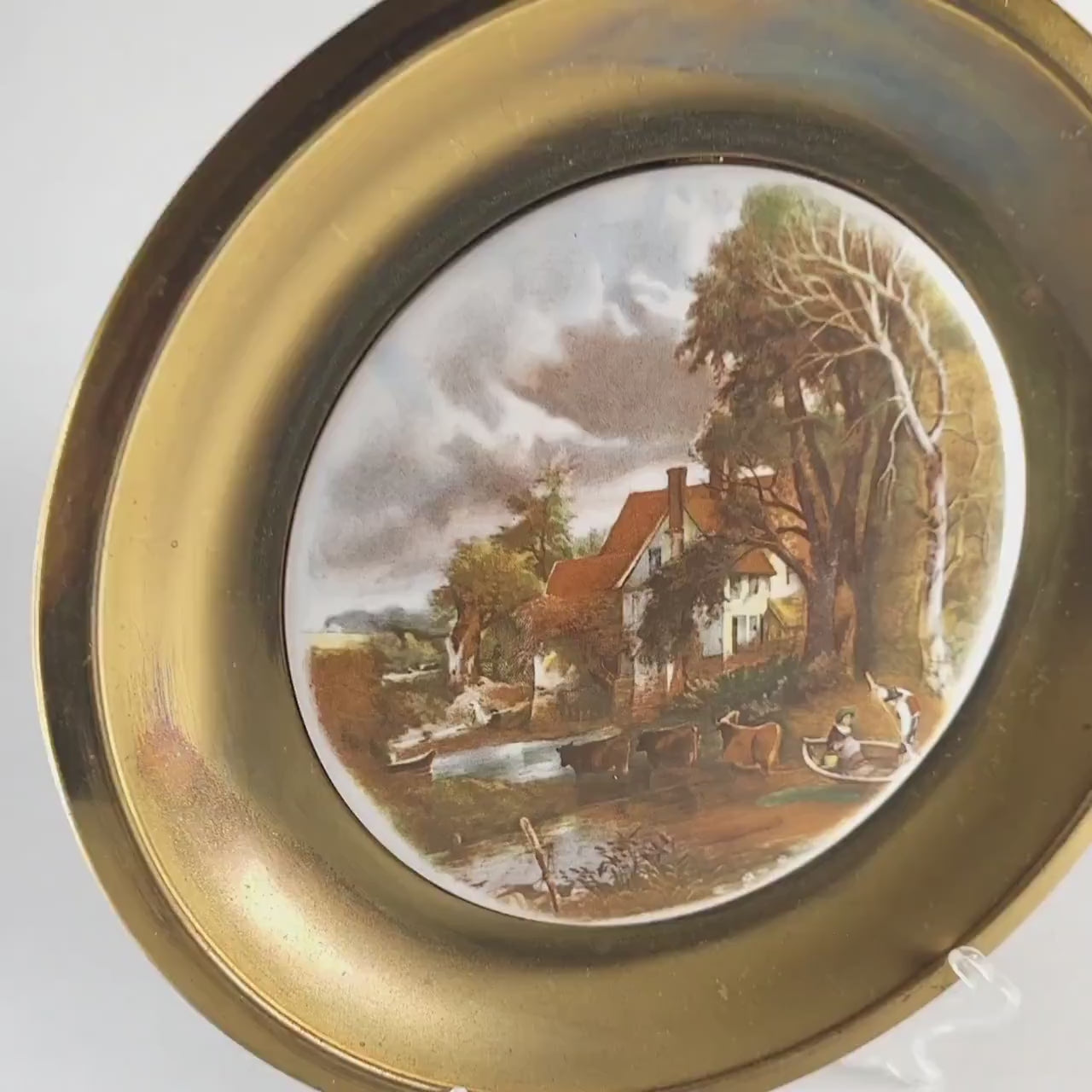 Brass Framed Decorative Plate, Vintage Pastoral Ceramic Wall Hanging