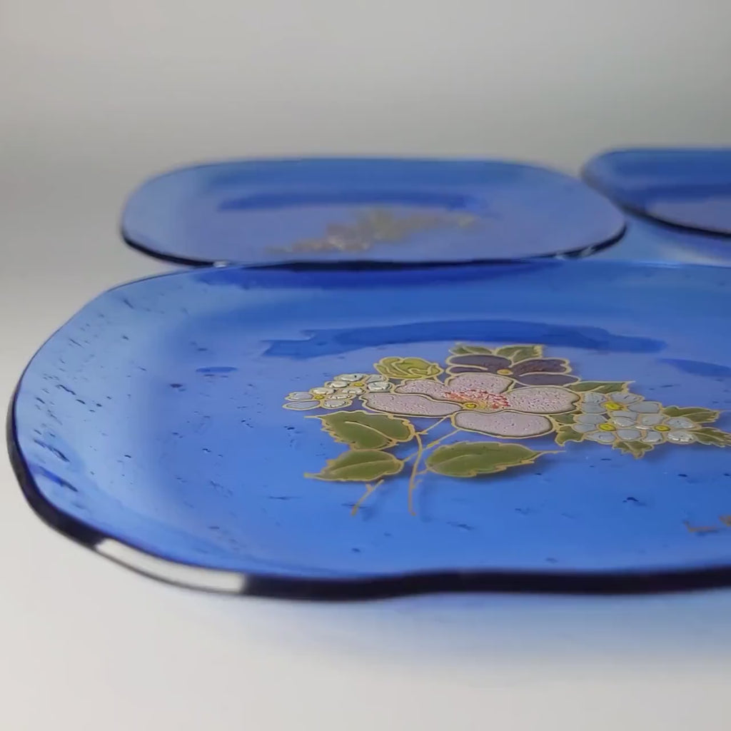 Set of 4 Vintage Cobalt Glass Plates with Gold Overlay