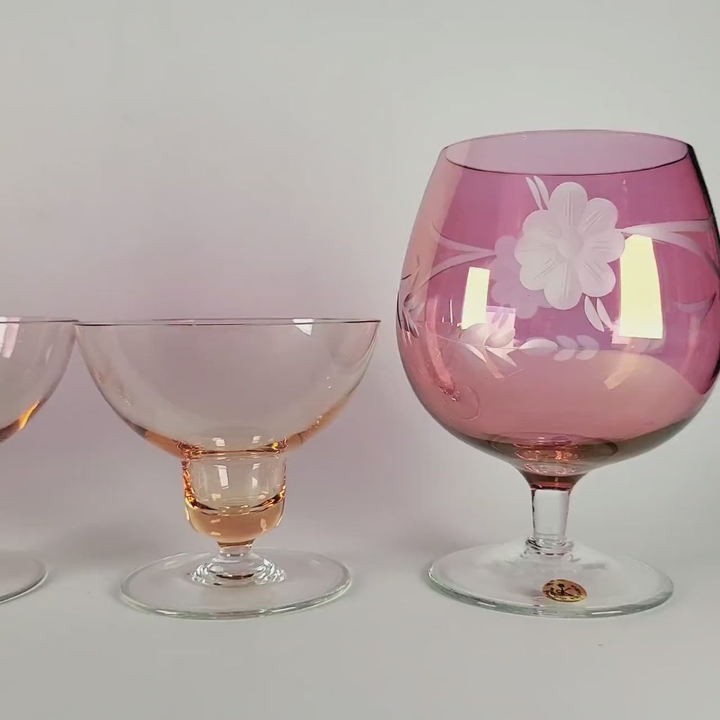 Set of 4 Vintage Pink Glass Stemware, Cranberry Snifters & Depression Glass Coupes