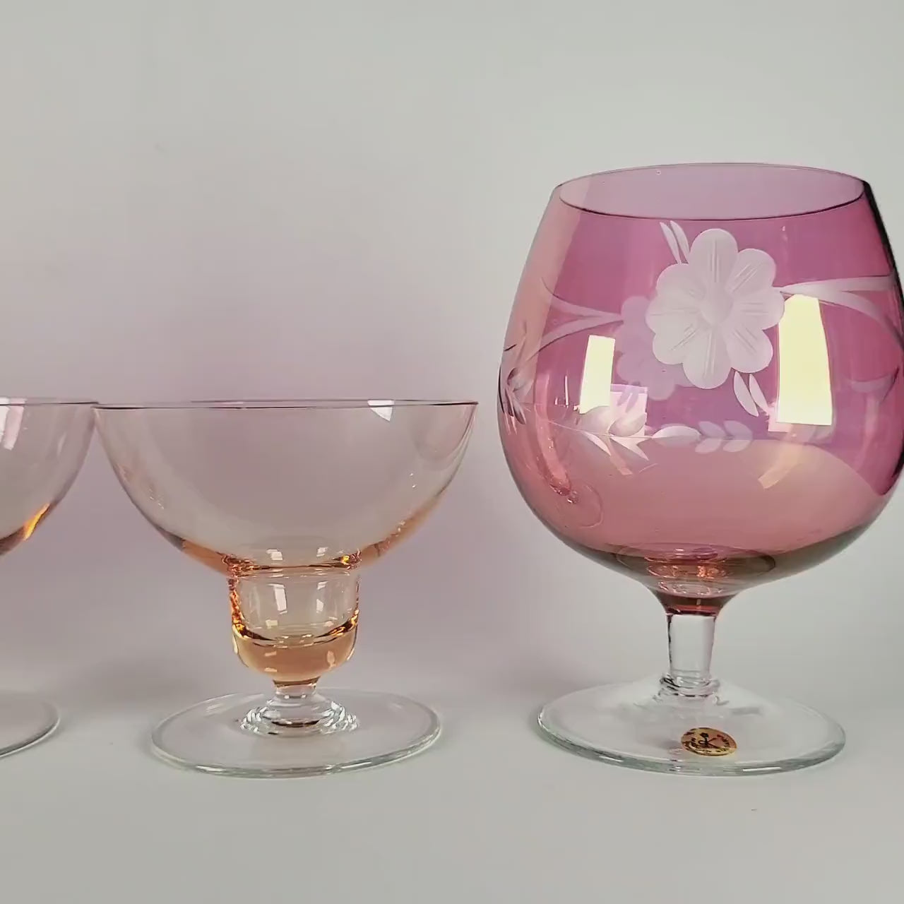 Set of 4 Vintage Pink Glass Stemware, Cranberry Snifters & Depression Glass Coupes