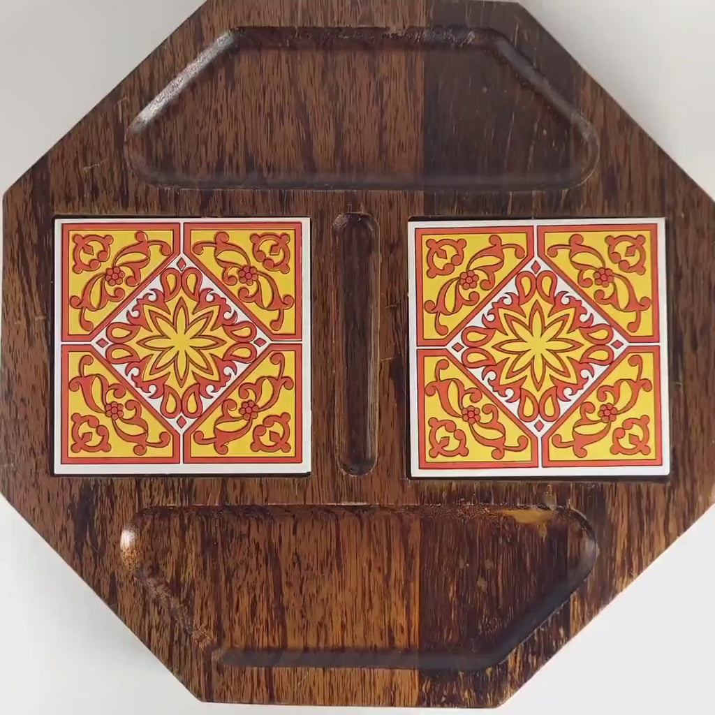 Vintage Mid Century Modern Serving Board, Japanese Wood Charcuterie Platter, Retro Tile Inlay Tray