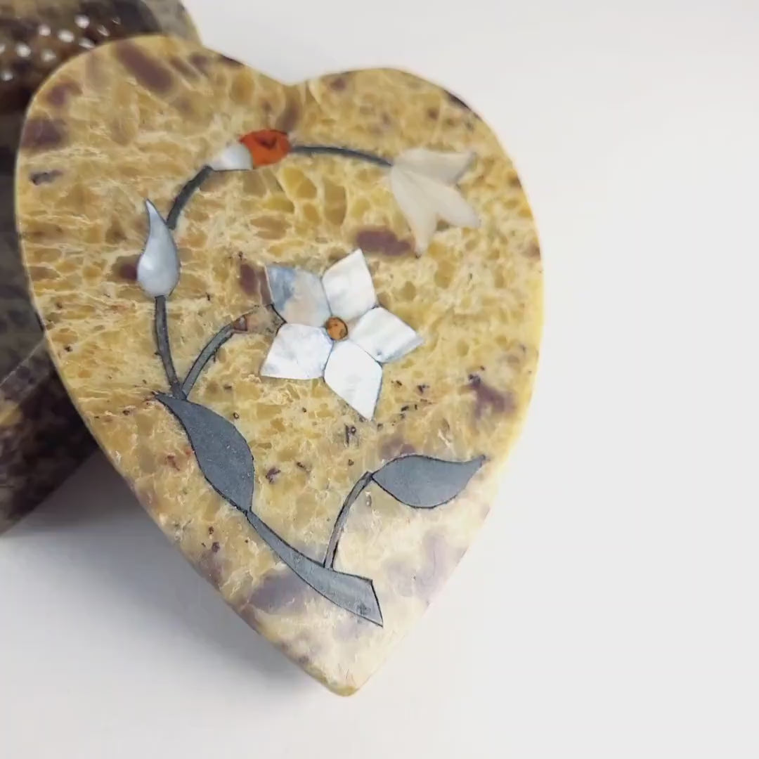 Heart-Shaped Soapstone Trinket Box with Mother-of-Pearl Inlay